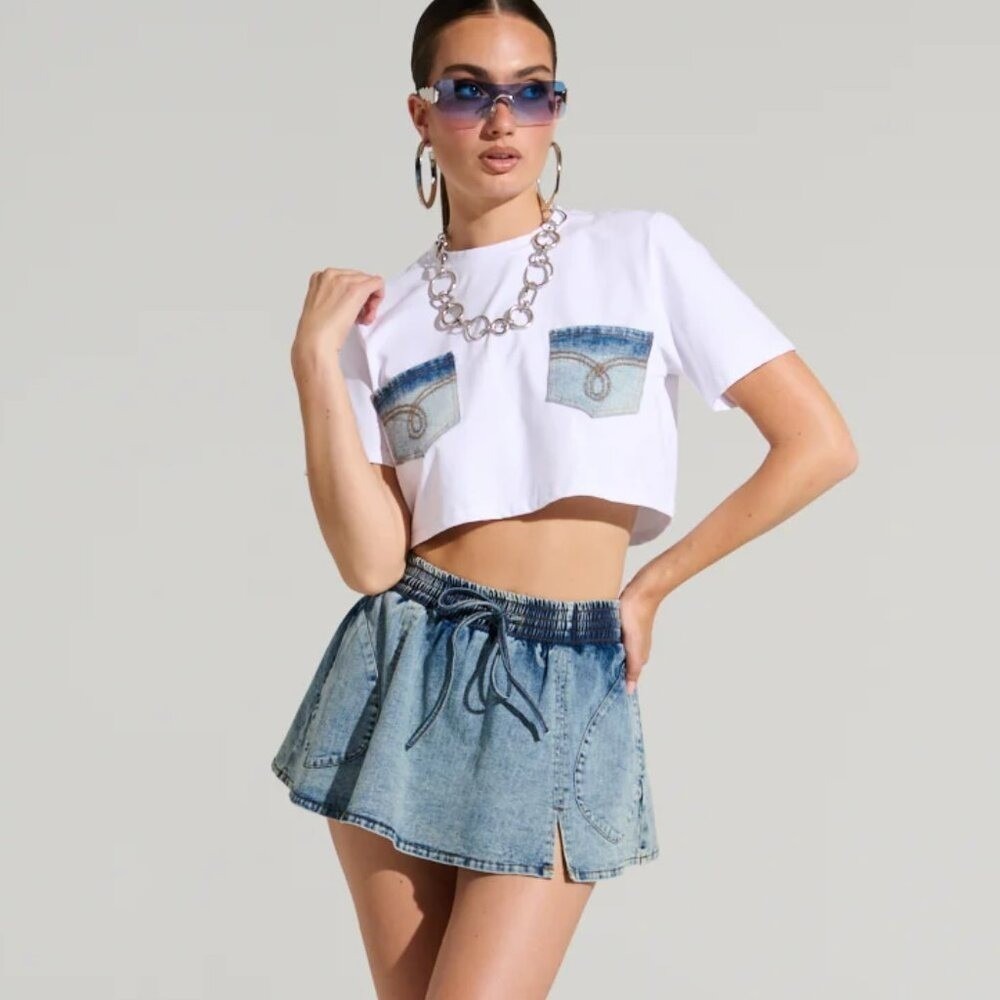 Akira Bella Baby Jean Denim Micro Mini Skirt Skort‎ Medium Light Bleach Wash Y2K